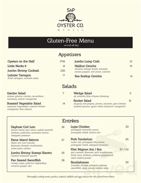 S&P Oyster Restaurant and Bar menu in Mystic, Connecticut, USA