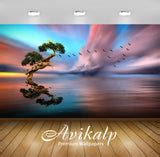 Avikalp Exclusive Awi3031 Solitary Tree Lake Birds In Flight Red Cloud ...