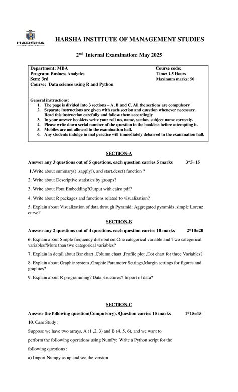 MBA 3rd Sem 2nd Internal Exam: Data Science Using R & Python - Studocu