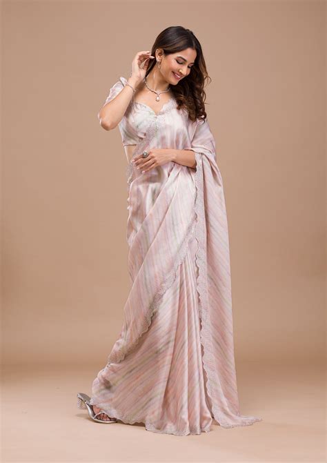 Buy Peach Printed Satin Saree - Koskii