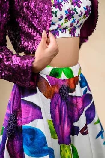 Buy Multi Color Net, Silk Floral Print Lehenga Set With Embellished ...