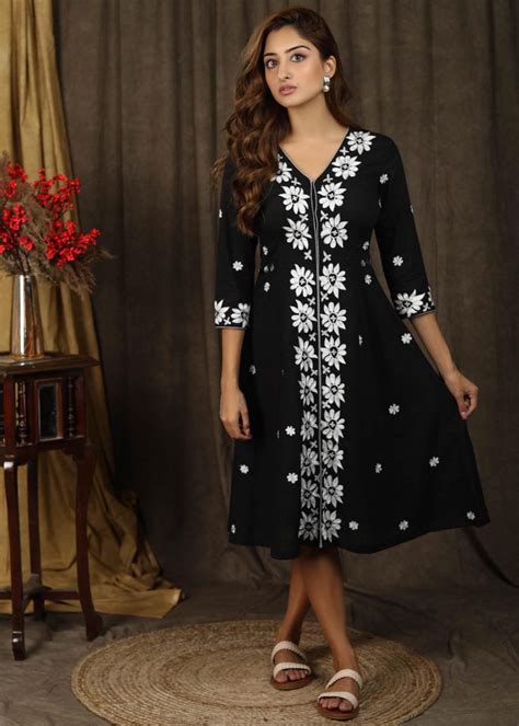 Classy black A-line dress with overall floral embroidery – Sujatra