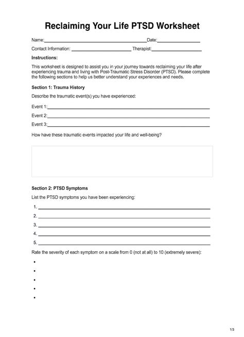 Reclaiming Your Life PTSD Worksheet