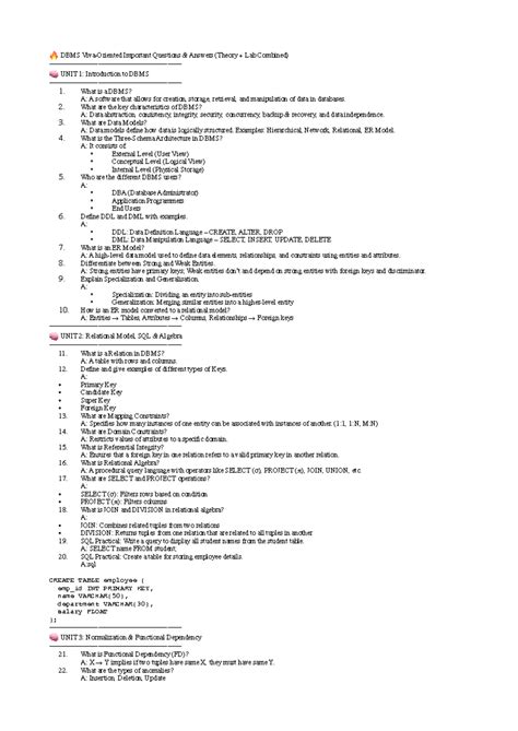 DBMS PR: Important Practical Questions and Answers for Lab Units - Studocu