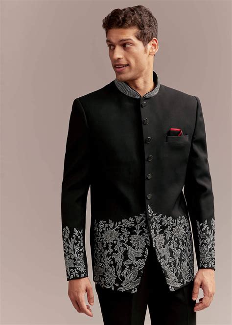 Buy Black Jodhpuri Suit For Men With Silver Floral And Bird Embroidery ...