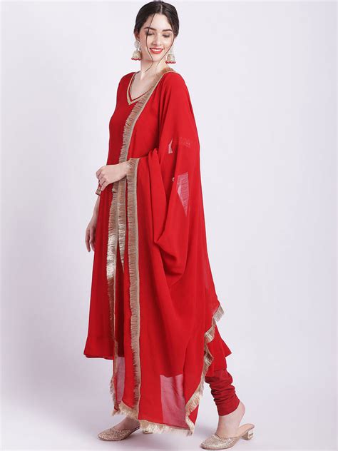 Ruby Woo Georgette Border Anarkali with Churidar and Fringes Dupatta ...