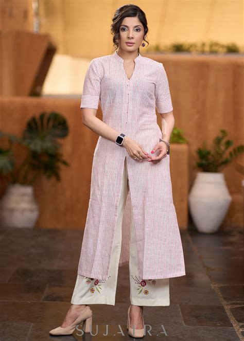 Smart striped cotton front open style kurta - embroidered Pant optiona ...