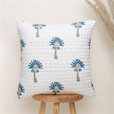 Hand Block Printed Palm Tree Kantha Cotton Cushion Covers – DMAASA