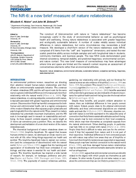 The NR-6 a new brief measure of nature relatedness - ORIGINAL RESEARCH ...