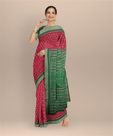 Dark pink green silk handloom sambalpuri saree – GoSwadeshi