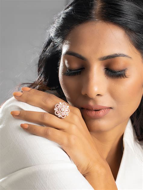 Pink Floral American Diamond Rose Gold Ring – Priyaasi