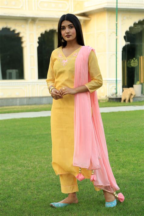 Corn Yellow Embroidered Suit Set with Dupatta – Indianvirasat