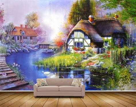 Avikalp MWZ2797 Houses Pond Trees Flowers Swans Plants Grass Stones Pa ...