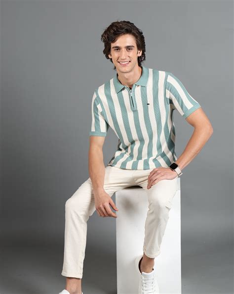 IDENTITI Mint Green Half Sleeve Striped Slim Fit Cotton Casual Polo T-