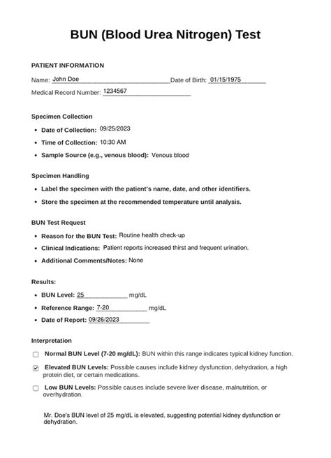 BUN (Blood Urea Nitrogen) Test & Example | Free PDF Download