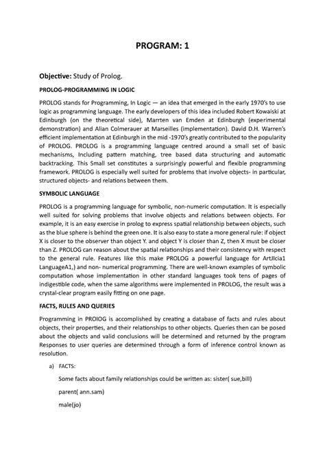 Program - fewfwfwefwefw - Objective: Study of Prolog. PROLOG ...