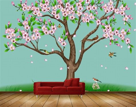 Avikalp MWZ1412 Pink Flowers Tree Birds 3D HD Wallpaper – Avikalp ...