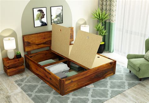 Solic Wooden Bed With Box Storage Queen Size (Honey Finish)