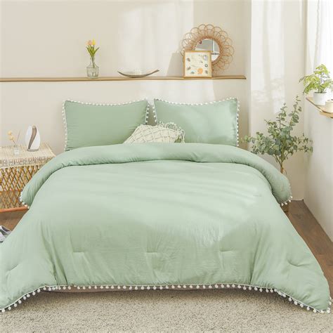 Move Over Sage Green Comforter Set Queen, White Pom Poms Pattern, Boho ...