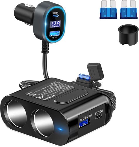Amazon.com: Cigarette Lighter Splitter 12V Plug 2-Socket with PD 65W ...
