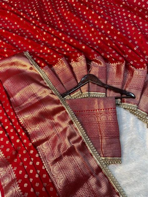 Bridal Red Chinia Silk Moti Lace Work Banarasi Saree