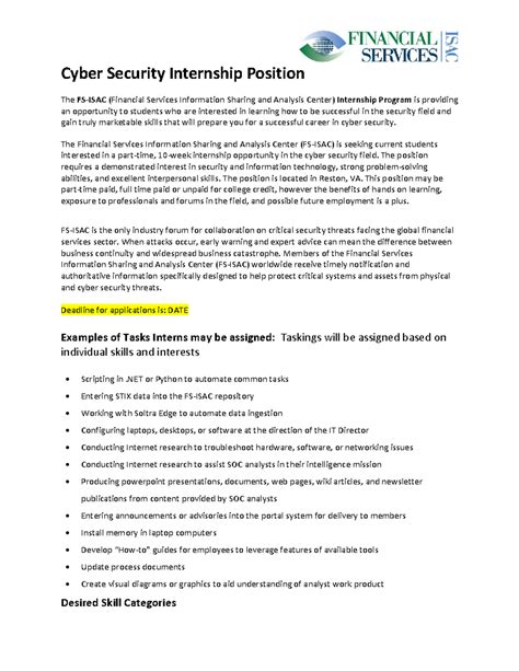 FS- Isacinternship - Cyber Security Internship Position The FS‐ISAC ...