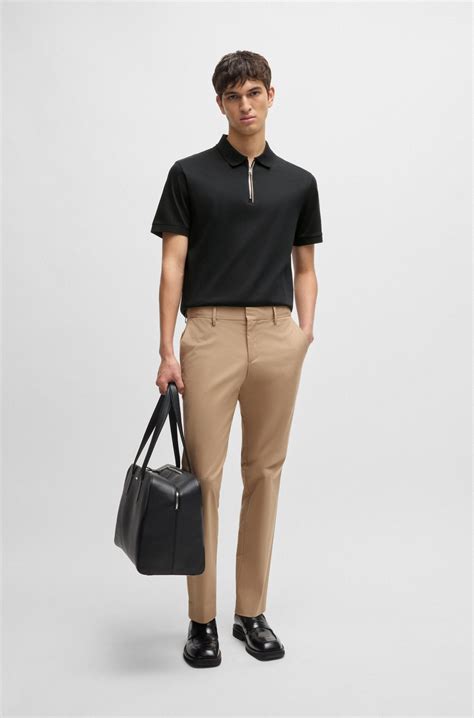 BOSS - Mercerised-cotton slim-fit polo shirt with zip placket - Black
