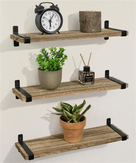 Afuly Rustic Wood Floating Shelves Set of 3, Wall Mounted 16in Brown ...