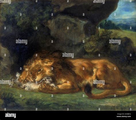 Lion Devouring a Rabbit', 19th century. Artist: Eugene Delacroix ...