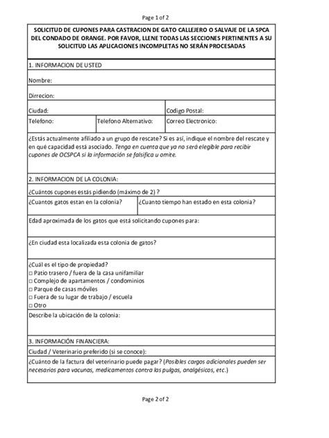 Fillable Online SOLICITUD DE CUPONES PARA CASTRACION DE GATO CALLEJERO ...
