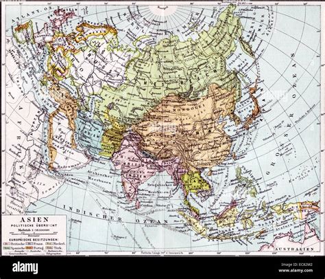 German map of Europe; Russia and Asia dated to 1890. The British India colony and Dutch East ...
