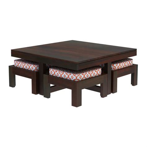 Khimsar Modern Sheesham Wood Square Coffee Table with 4 Stools – Induscraft