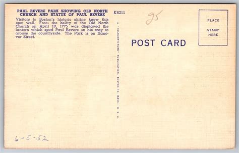 Boston Massachusetts Paul Revere Park & Statue Historic Landmark Linen ...
