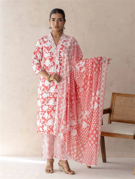 Red Handblock Printed Suit Set – Label Krisha