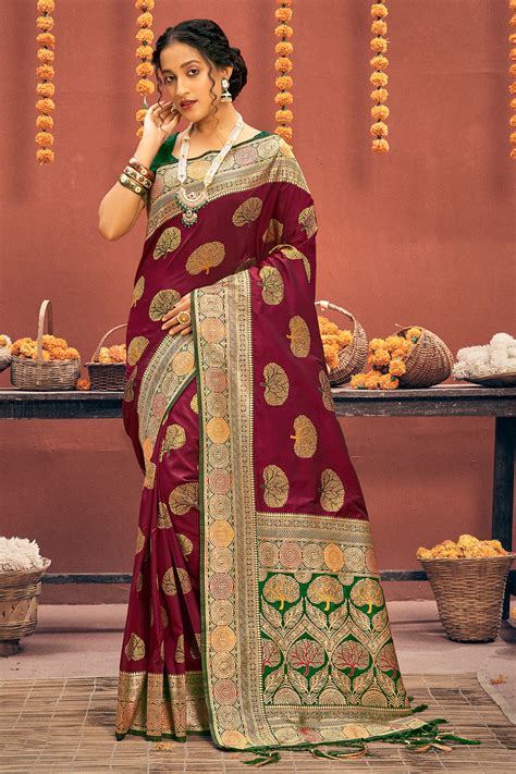 Buy Dark Maroon Banarasi Silk Saree 47514 Online | Karagiri