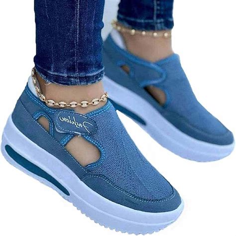 Women's Blue and Pink Breathable Mesh Slip-On Wedge Sneakers with Air ...