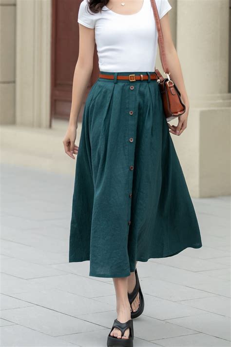 Linen Skirt, Women's Midi Skirt, A-line Linen Skirt, Button Front Skirt ...