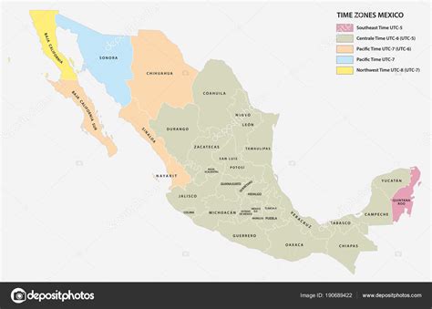 Vector Map Five Time Zones North American State Mexico Stock Vector ...