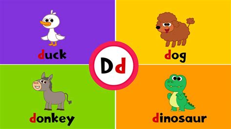 Letter D d Flashcard for kids with 4 words duck dog donkey dinosaur 45590731 Vector Art at Vecteezy