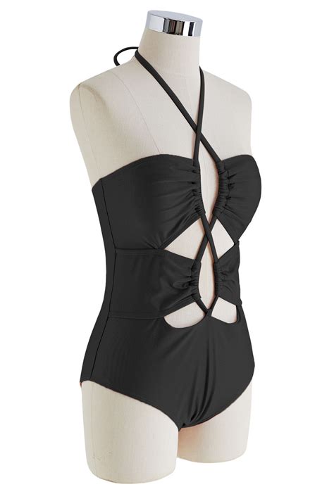 Cutout Crisscross Halter Neck Swimsuit in Black - Retro, Indie and ...