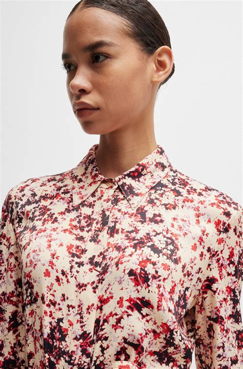 BOSS - Long-sleeved shirt dress in floral-print satin