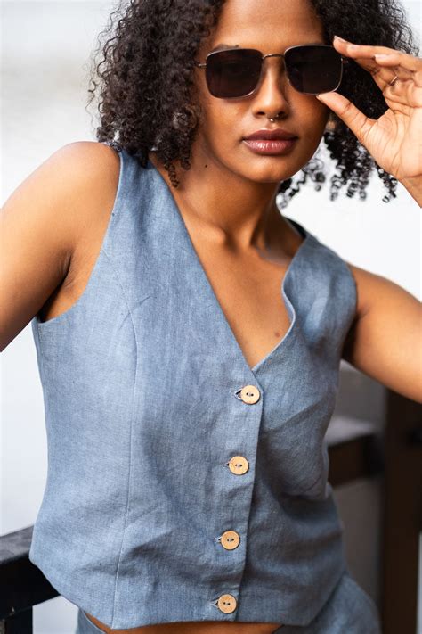 Explore The Heavy Linen Waistcoat for Women Denim Blue