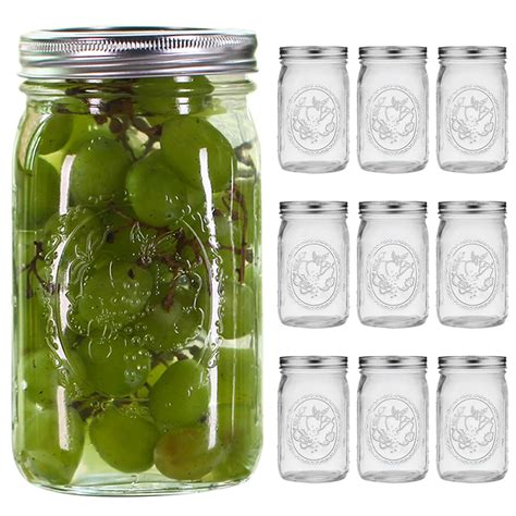 eleganttime Wide Mouth Mason Jars 32 oz,9 Pack Quart Mason Jars With ...