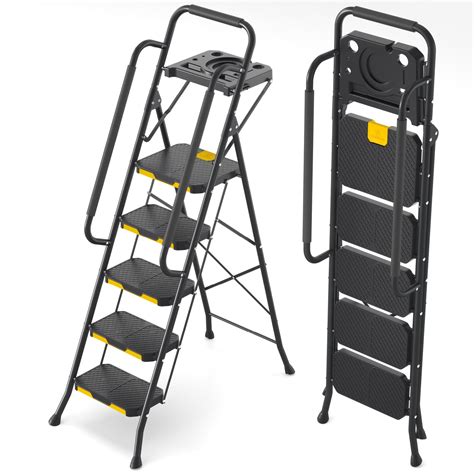 KINGRACK 5 Step Ladder with Tool Platform, Folding Step Stool with ...