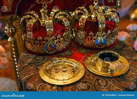 Two Orthodox Wedding Ceremonial Crowns Ready for Ceremony Stock Photo ...