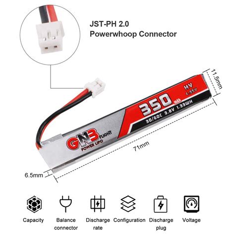 6pcs 350mAh HV 1S Lipo Battery 30C 3.8V JST-PH 2.0 Powerwhoop Connector ...