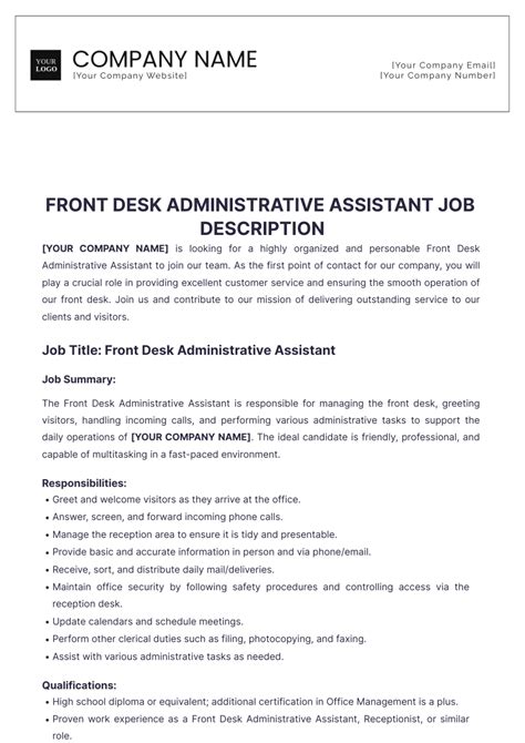 Free Front Desk Administrative Assistant Job Description Template to ...