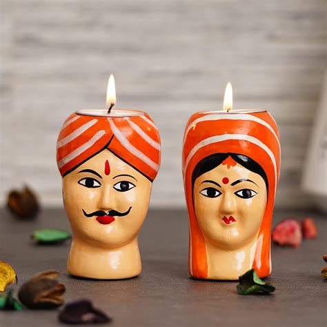 Webelkart Premium Handmade Kaka Kaki Rajasthani Couple Tealight Candle ...