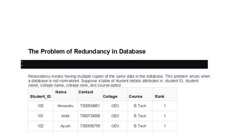 Database Redundancy Issues and Normalization (CS101 Lecture Notes ...