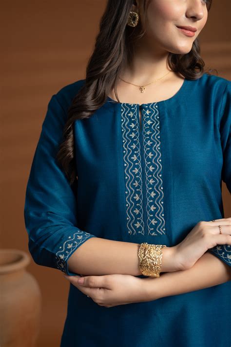 Blue Cotton Silk Zari Work Kurta Set – Regular Fit – Paulsons